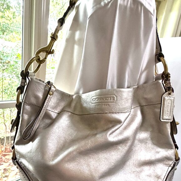 Coach Carly Shoulder Bag in shimmery silver and gold tone brass hardware - Picture 1 of 11